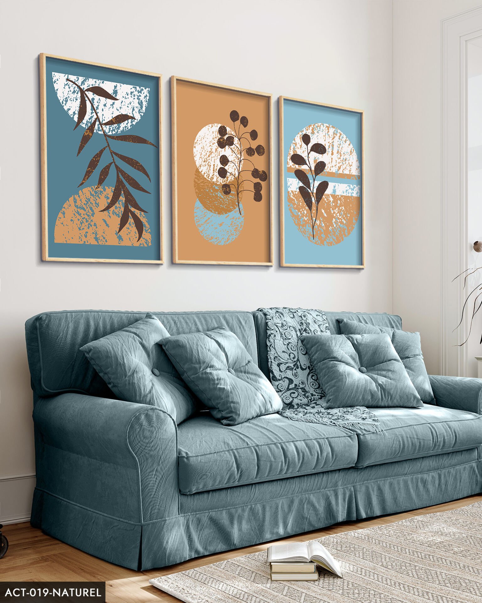 Bohem Tarzı, Soyut, Sanat, 3 Parça Ahşap Çerçeveli Tablo ACT Naturel - 20 x 30 CM