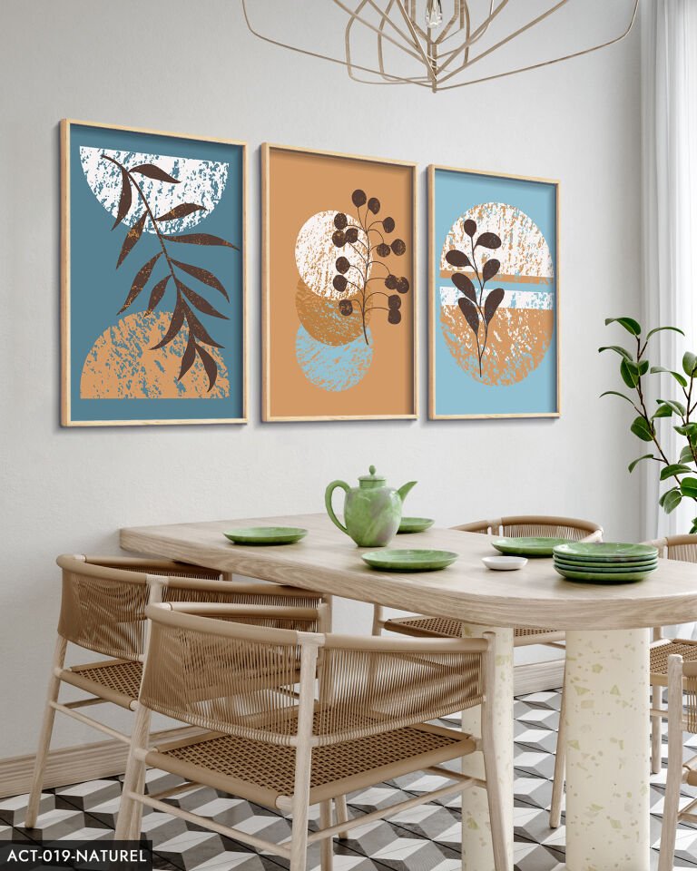 Bohem Tarzı, Soyut, Sanat, 3 Parça Ahşap Çerçeveli Tablo ACT Naturel - 20 x 30 CM
