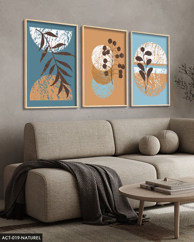 Bohem Tarzı, Soyut, Sanat, 3 Parça Ahşap Çerçeveli Tablo ACT Naturel - 20 x 30 CM