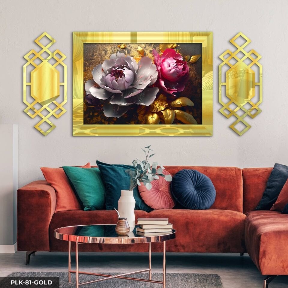 Gold Detaylı Renkli Çiçek Yan Dekorlu 3 Parça Pleksi Tablo DKRPLK 130 x 25 CM - Gold