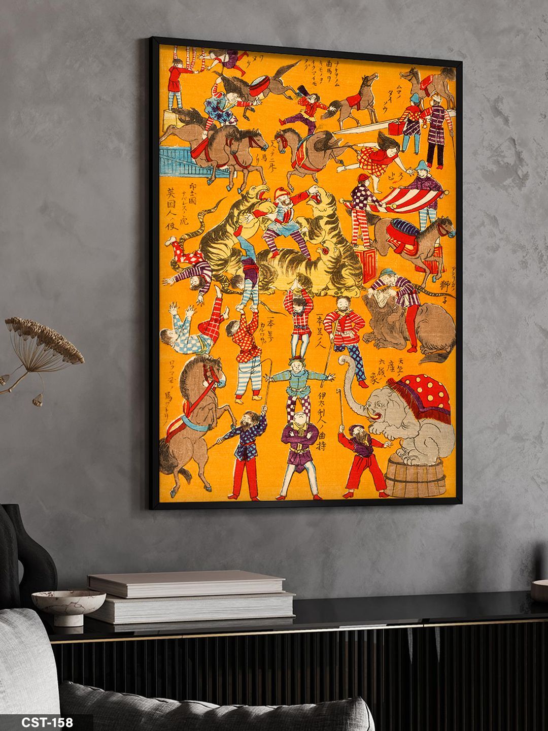 Turuncu Kalabalık Deseni Tek Parça Ahşap Çerçeveli Tablo Siyah - 50 x 70 CM