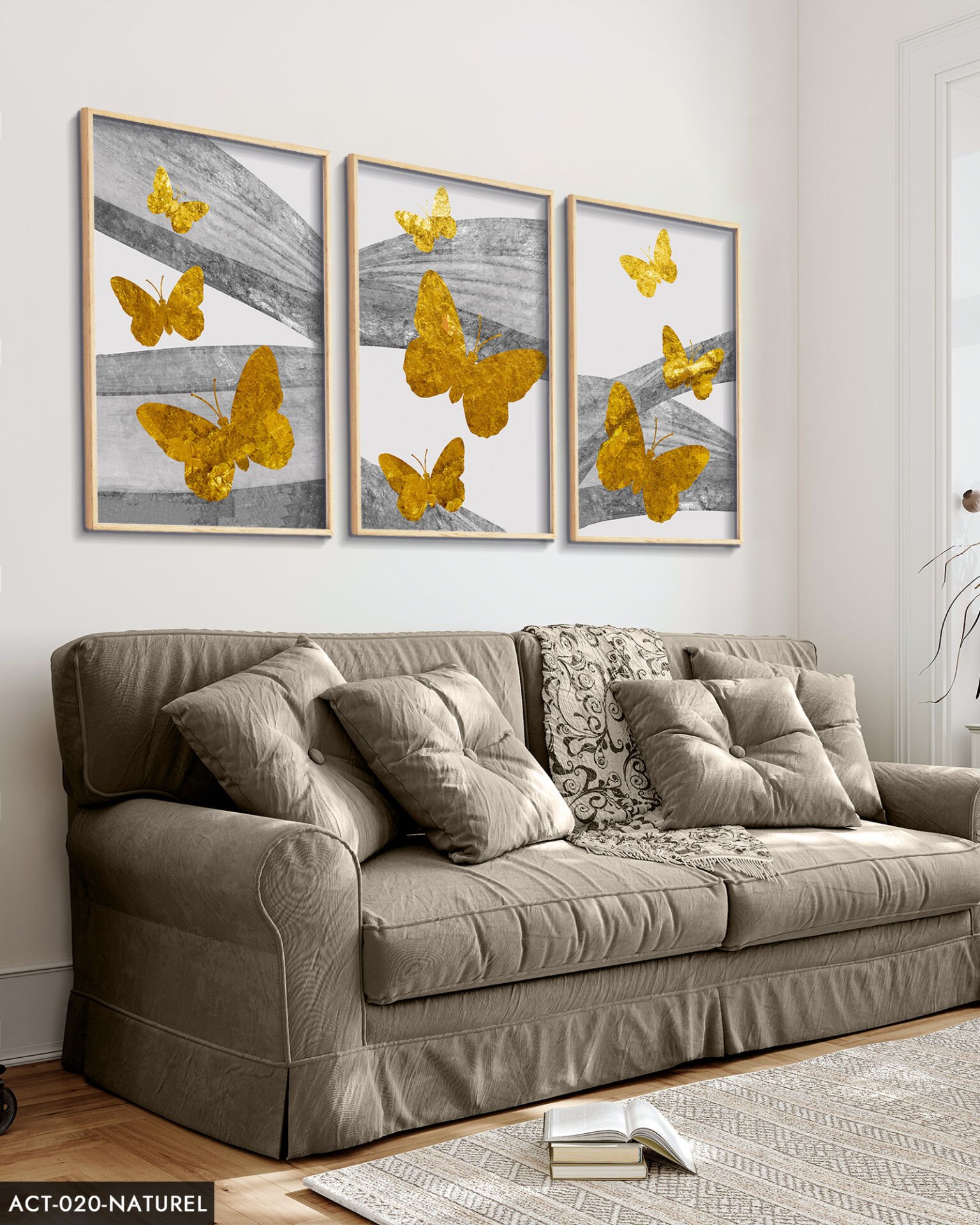 Gold Kelebekler Soyut Arkaplan 3 Parça Ahşap Çerçeveli Tablo ACT Naturel - 20 x 30 CM