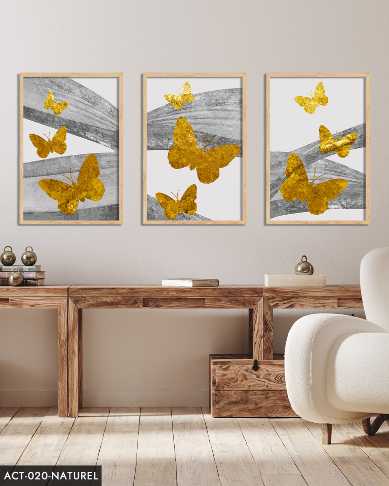 Gold Kelebekler Soyut Arkaplan 3 Parça Ahşap Çerçeveli Tablo ACT Naturel - 20 x 30 CM