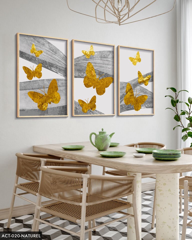 Gold Kelebekler Soyut Arkaplan 3 Parça Ahşap Çerçeveli Tablo ACT Naturel - 20 x 30 CM