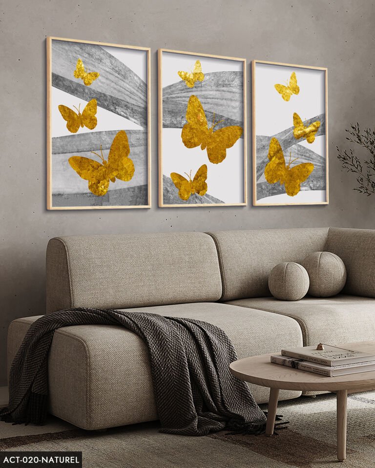 Gold Kelebekler Soyut Arkaplan 3 Parça Ahşap Çerçeveli Tablo ACT Naturel - 20 x 30 CM