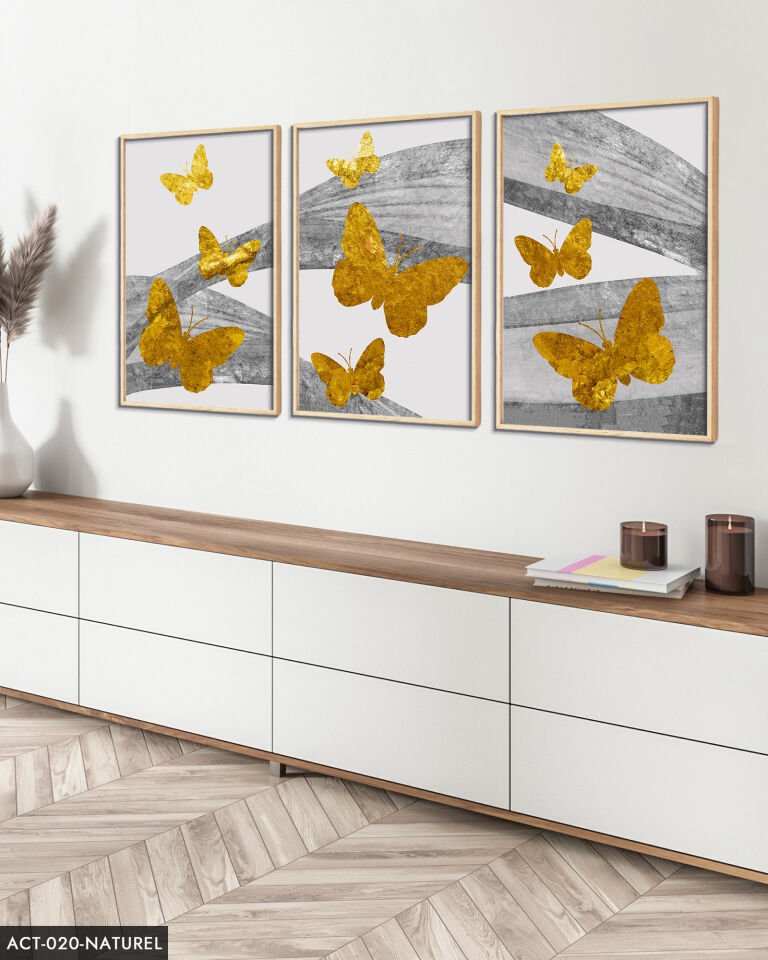 Gold Kelebekler Soyut Arkaplan 3 Parça Ahşap Çerçeveli Tablo ACT Naturel - 20 x 30 CM