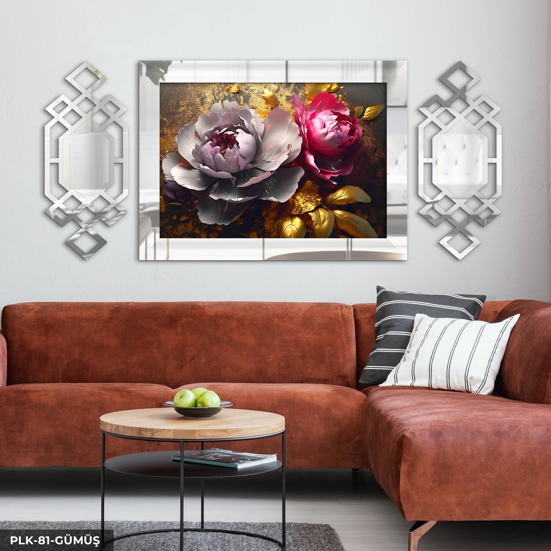 Gold Detaylı Renkli Çiçek Yan Dekorlu 3 Parça Pleksi Tablo DKRPLK 130 x 25 CM - Gümüş