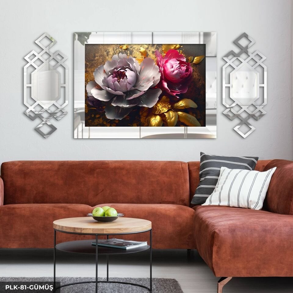 Gold Detaylı Renkli Çiçek Yan Dekorlu 3 Parça Pleksi Tablo DKRPLK 130 x 25 CM - Gümüş