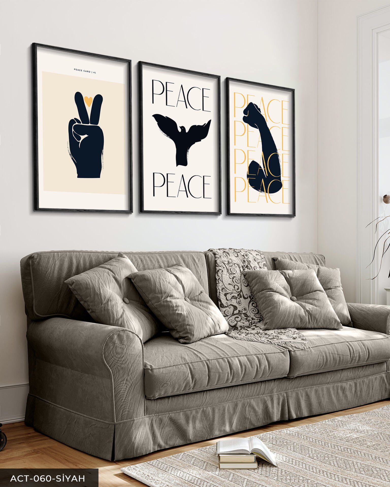 Peace, Barış 3 Parça Ahşap Çerçeveli Tablo Siyah - 30 x 40 CM