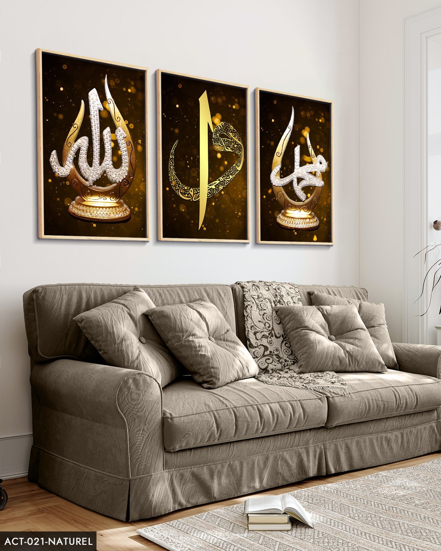 Allah, Muhammed, Elif Vav, Gold, 3 Parça Ahşap Çerçeveli Tablo ACT Naturel - 20 x 30 CM