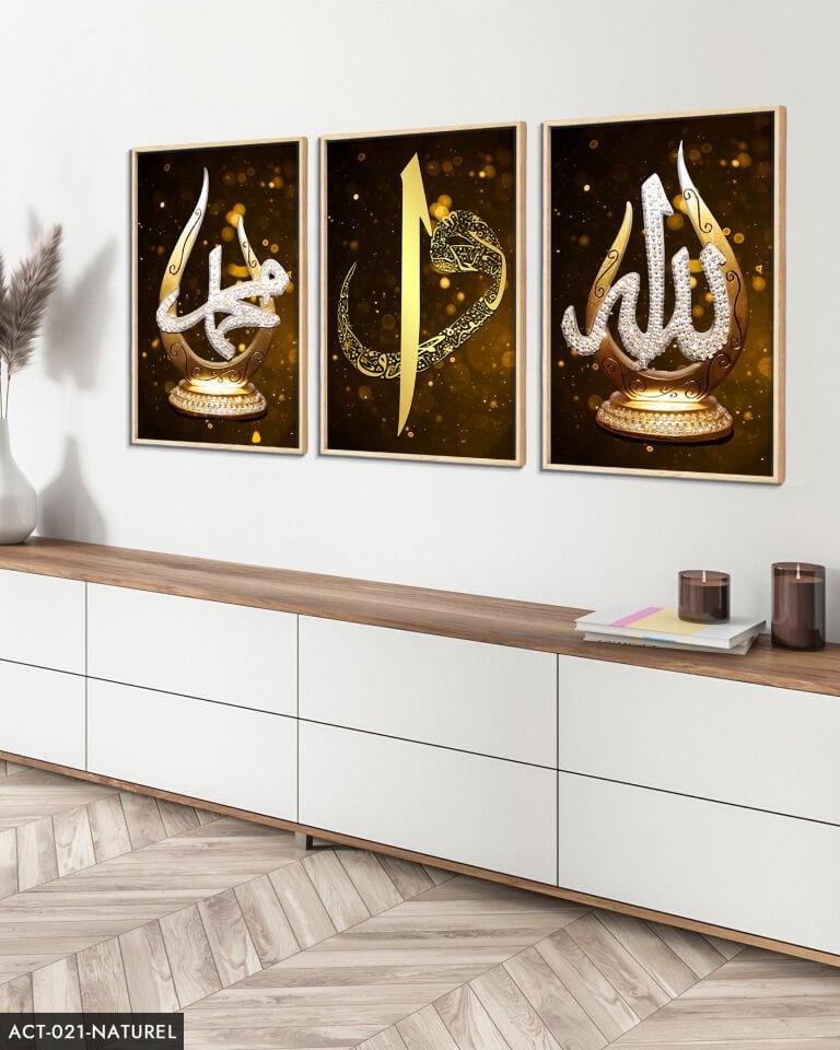 Allah, Muhammed, Elif Vav, Gold, 3 Parça Ahşap Çerçeveli Tablo ACT Naturel - 20 x 30 CM