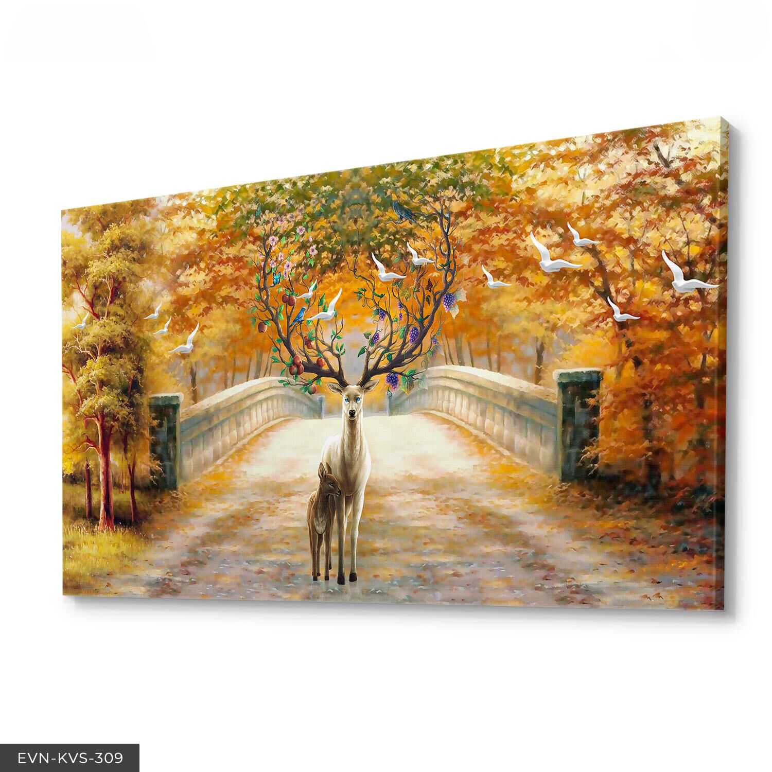 Geyik Çiçekler Tek Parça Kanvas - Canvas Tablo 40 x 30 CM - Çok Renkli