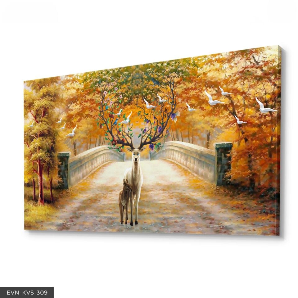 Geyik Çiçekler Tek Parça Kanvas - Canvas Tablo 140 x 90 CM - Çok Renkli