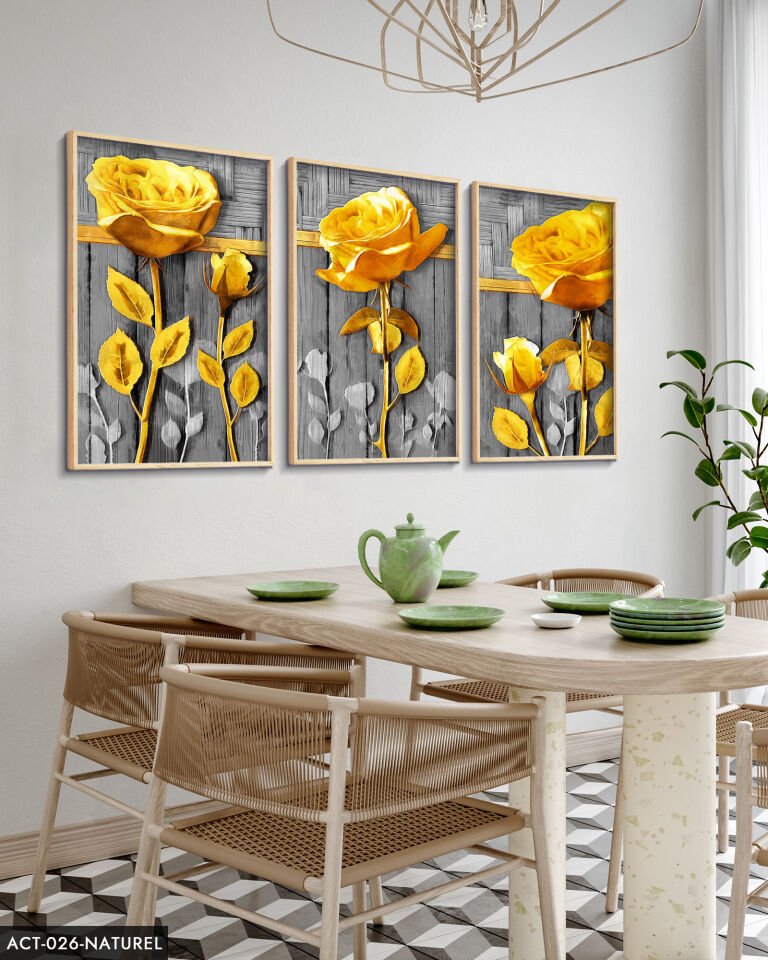 Gold Çiçek 3 Parça Ahşap Çerçeveli Tablo ACT Naturel - 20 x 30 CM