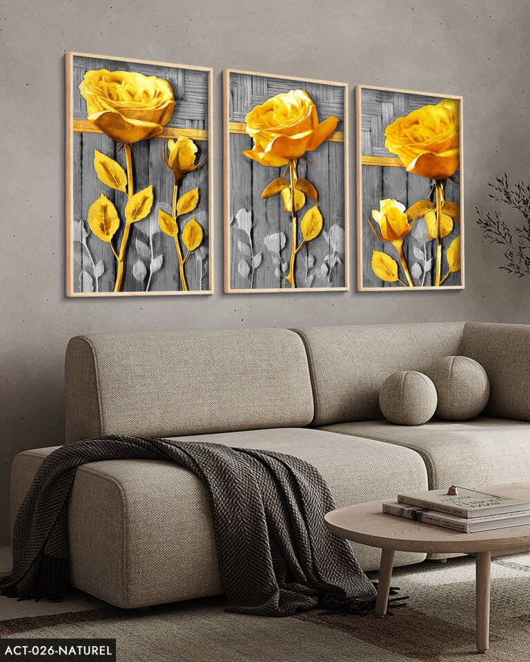Gold Çiçek 3 Parça Ahşap Çerçeveli Tablo ACT Naturel - 20 x 30 CM