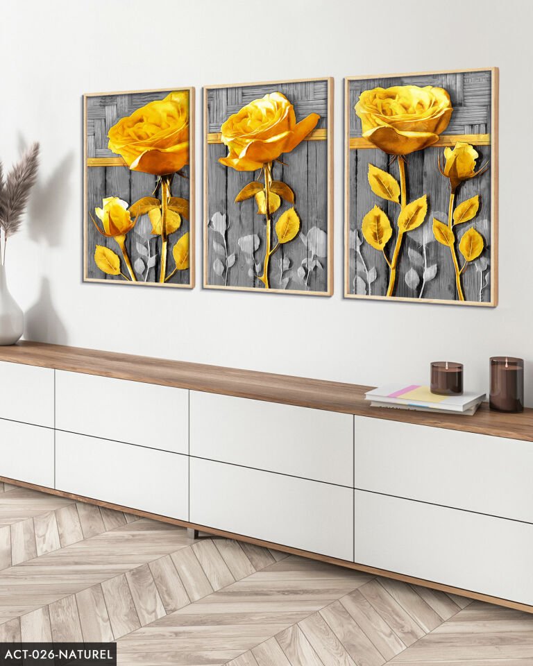 Gold Çiçek 3 Parça Ahşap Çerçeveli Tablo ACT Naturel - 20 x 30 CM