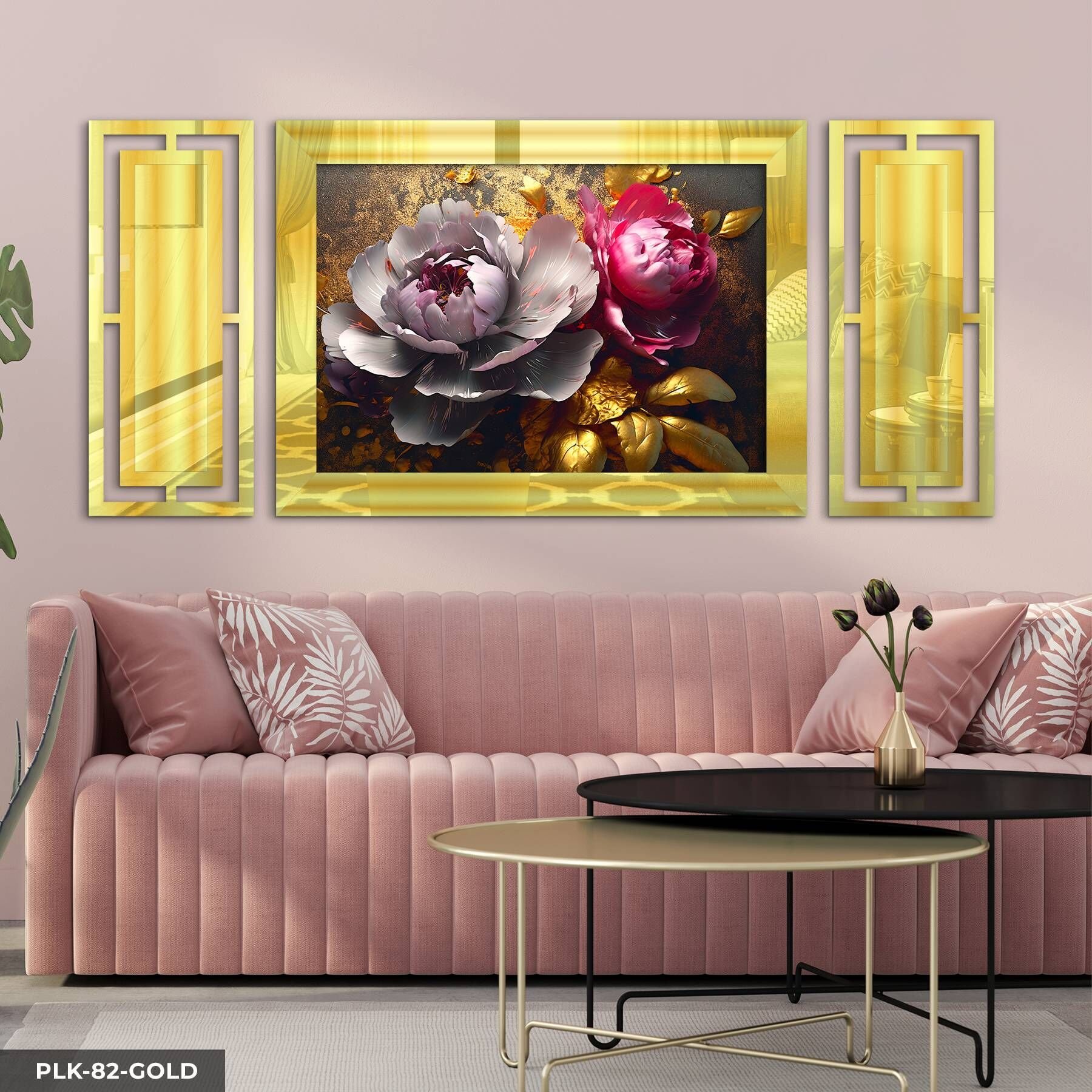 Gold Detaylı Renkli Çiçek Yan Dekorlu 3 Parça Pleksi Tablo DKRPLK 130 x 25 CM - Gold