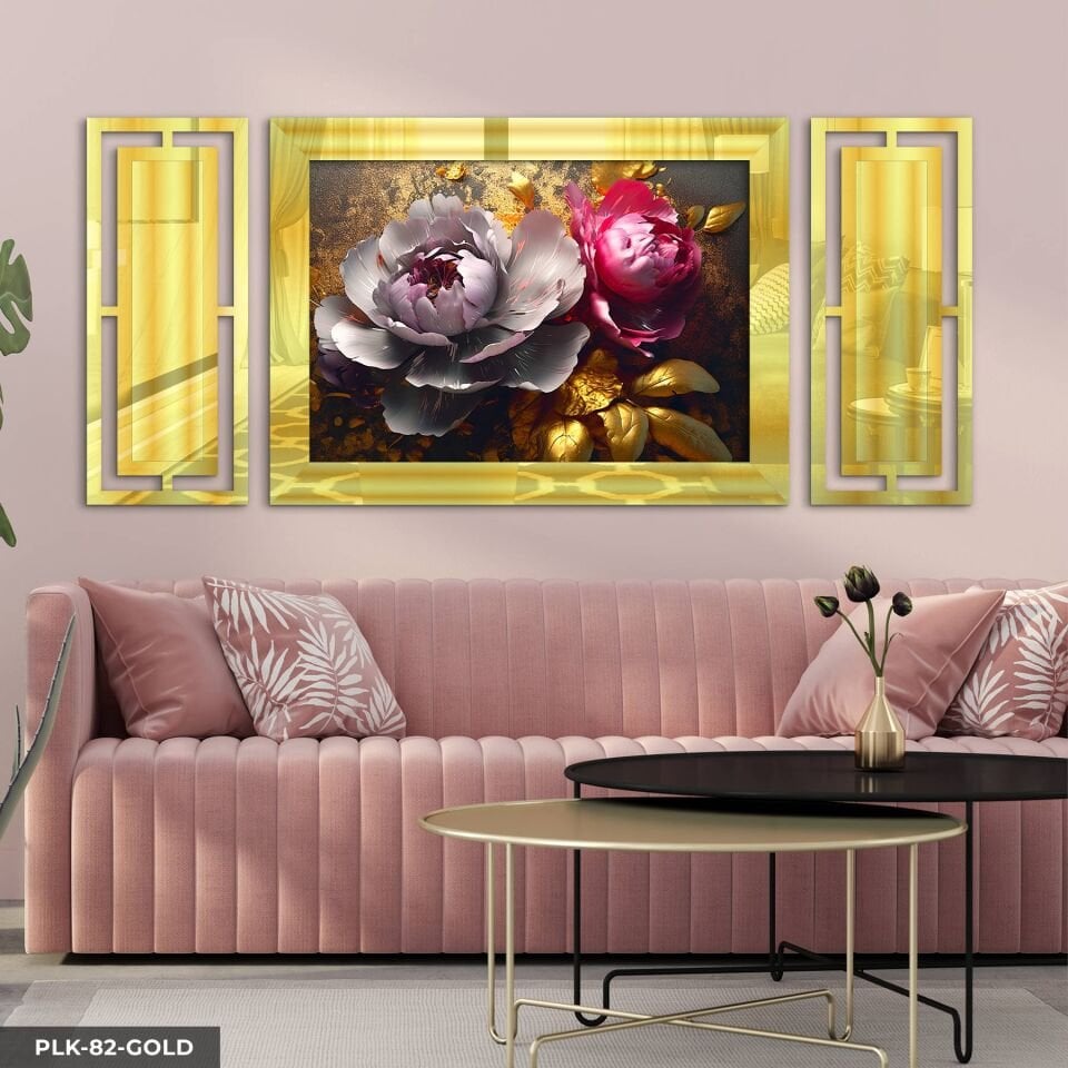 Gold Detaylı Renkli Çiçek Yan Dekorlu 3 Parça Pleksi Tablo DKRPLK 130 x 25 CM - Gold