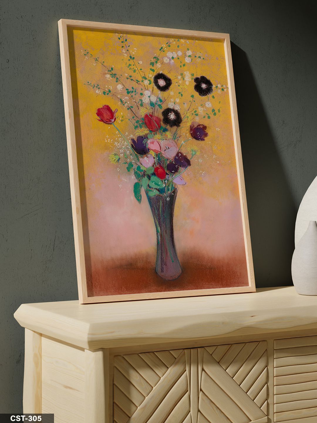 Vazoda Çiçek Buketi Tek Parça Ahşap Çerçeveli Tablo Naturel - 20 x 30 CM