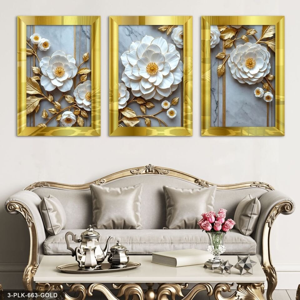 Beyaz Çiçek 3 Parça Pleksi Aynalı Tablo 50 x 70 CM - Gold