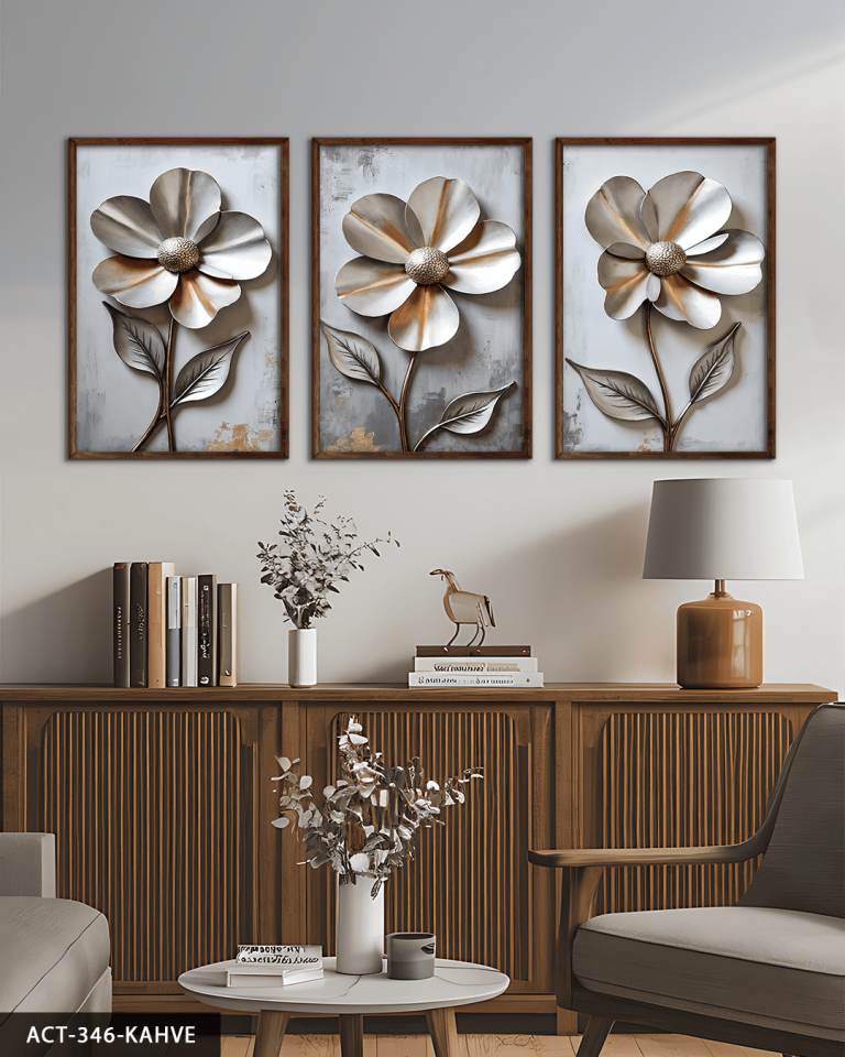 Metali Dokulu Görünüm Çiçek 3 Parça Ahşap Çerçeveli Tablo ACT Kahverengi - 50 x 70 CM