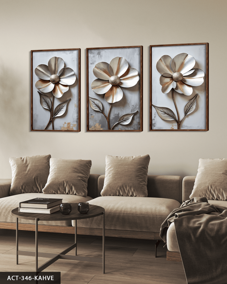 Metali Dokulu Görünüm Çiçek 3 Parça Ahşap Çerçeveli Tablo ACT Kahverengi - 50 x 70 CM