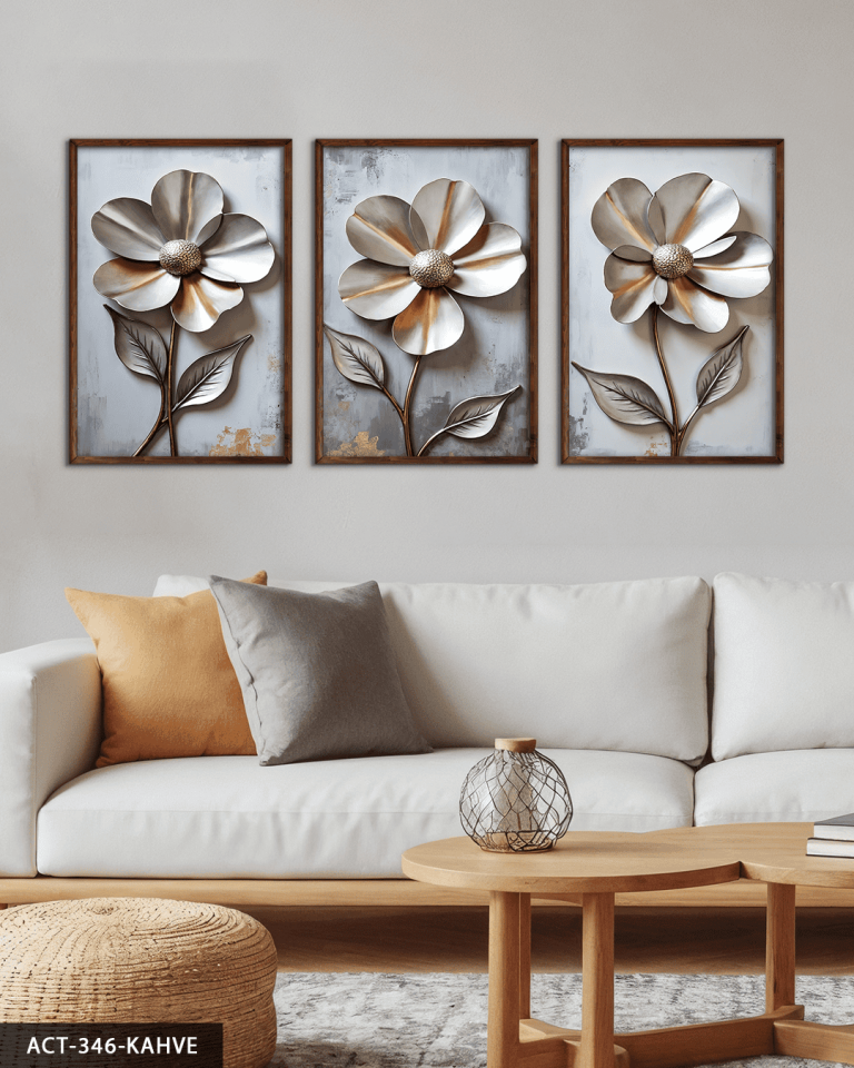 Metali Dokulu Görünüm Çiçek 3 Parça Ahşap Çerçeveli Tablo ACT Kahverengi - 50 x 70 CM