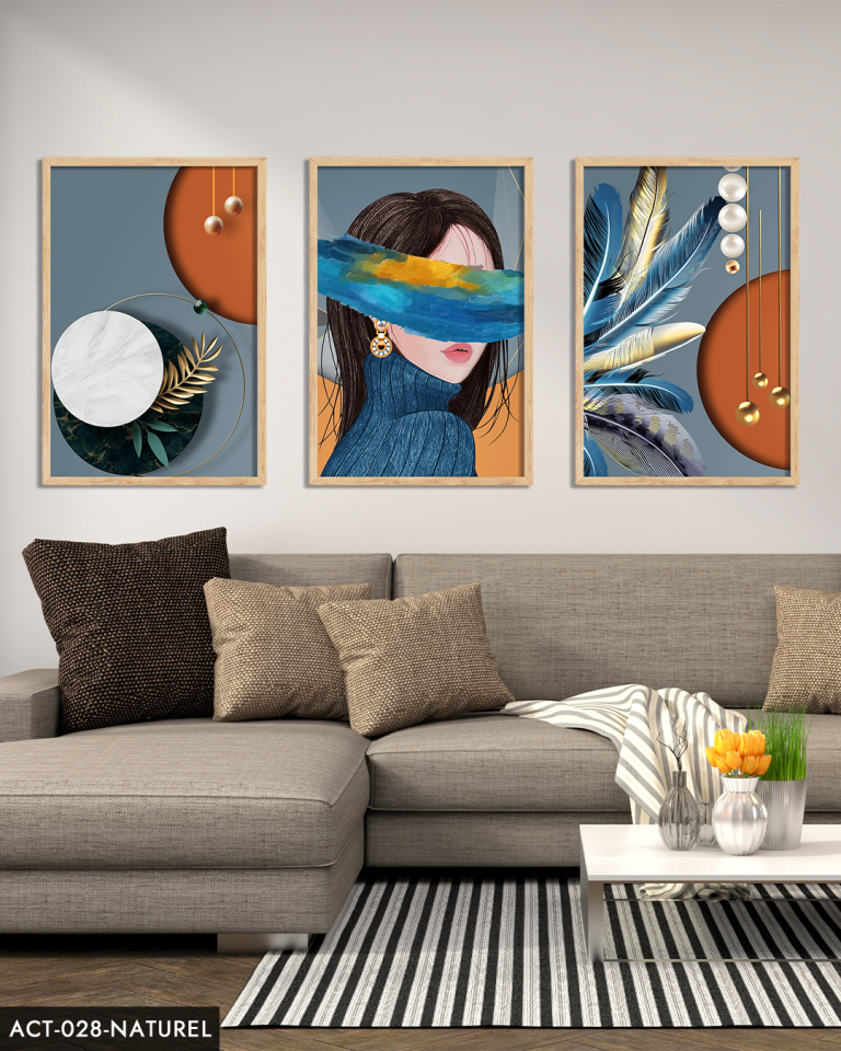 Soyut, Sanatsal, Kadın, Tüy, 3 Parça Ahşap Çerçeveli Tablo ACT Naturel - 20 x 30 CM