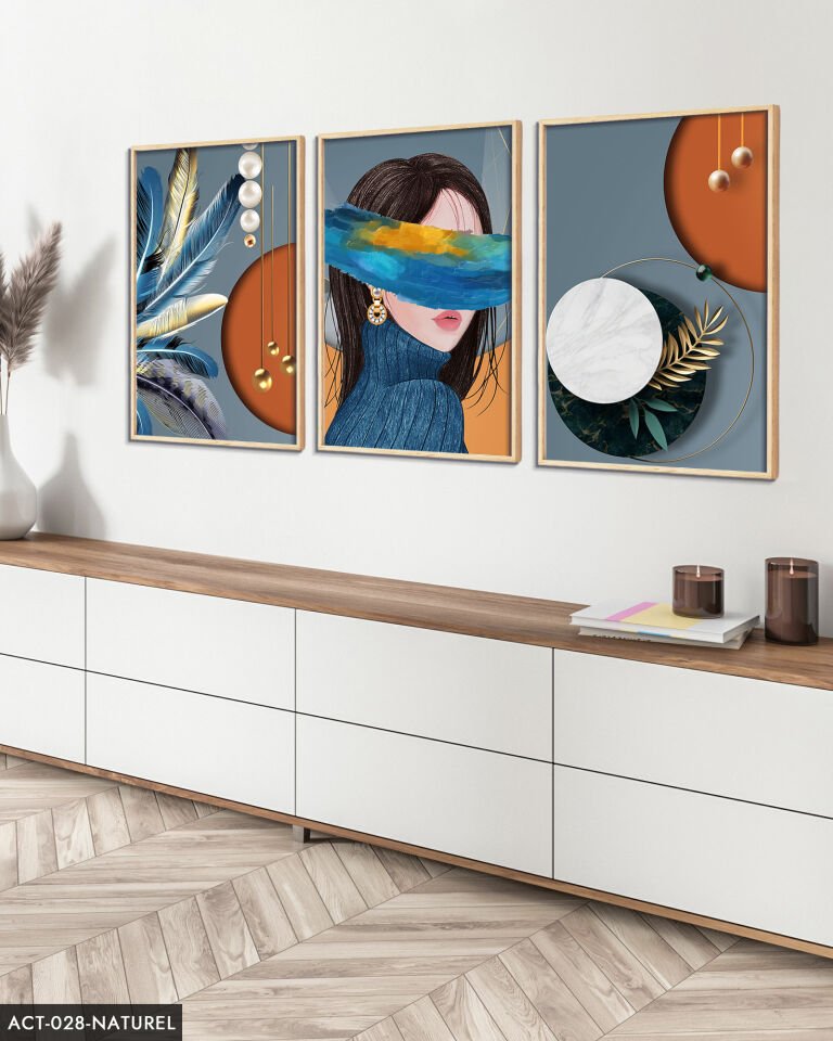 Soyut, Sanatsal, Kadın, Tüy, 3 Parça Ahşap Çerçeveli Tablo ACT Naturel - 20 x 30 CM