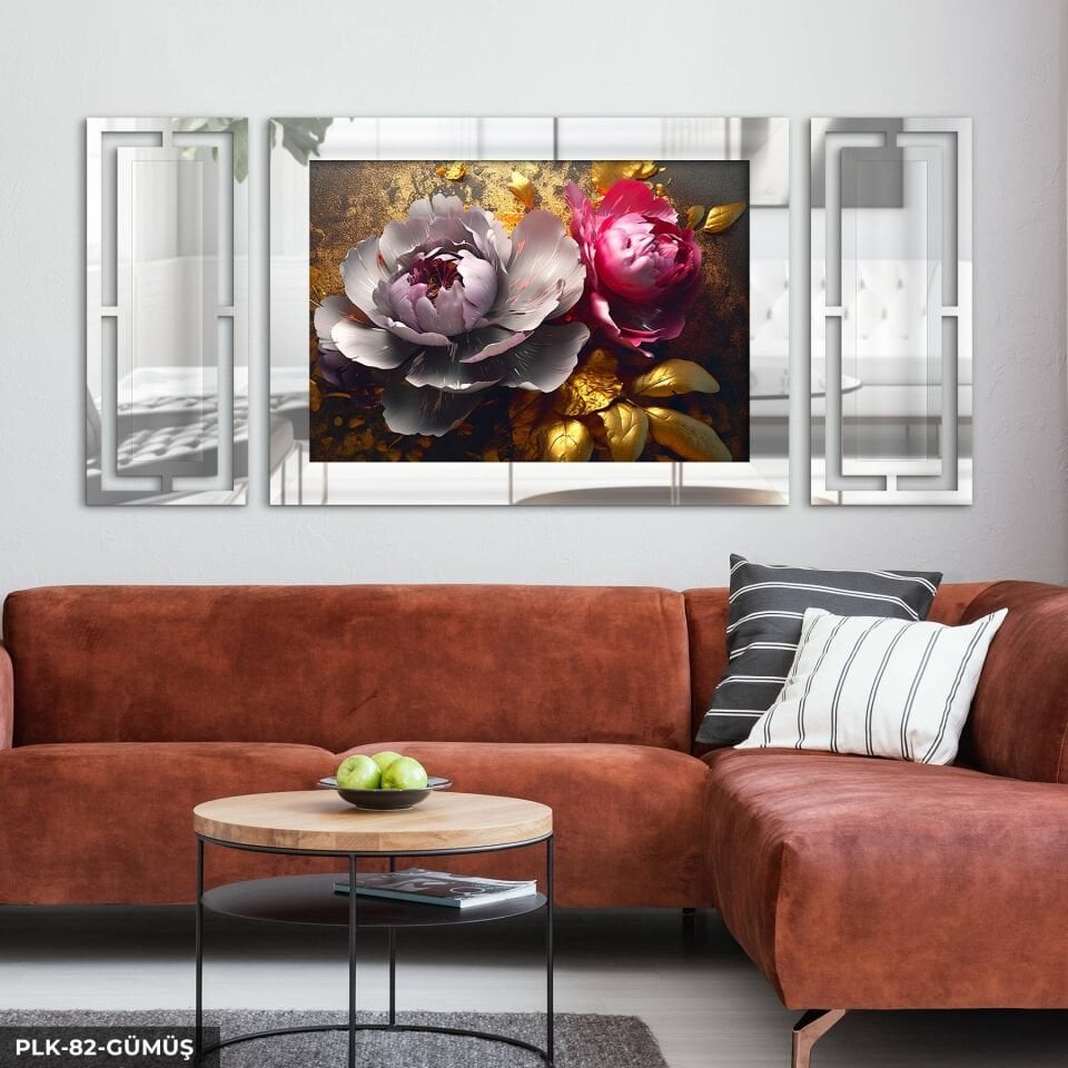 Gold Detaylı Renkli Çiçek Yan Dekorlu 3 Parça Pleksi Tablo DKRPLK 130 x 25 CM - Gümüş