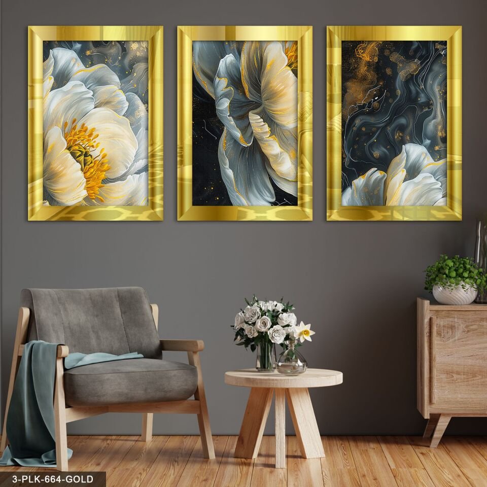 Gold Detay Çiçek 3 Parça Pleksi Aynalı Tablo 50 x 70 CM - Gold