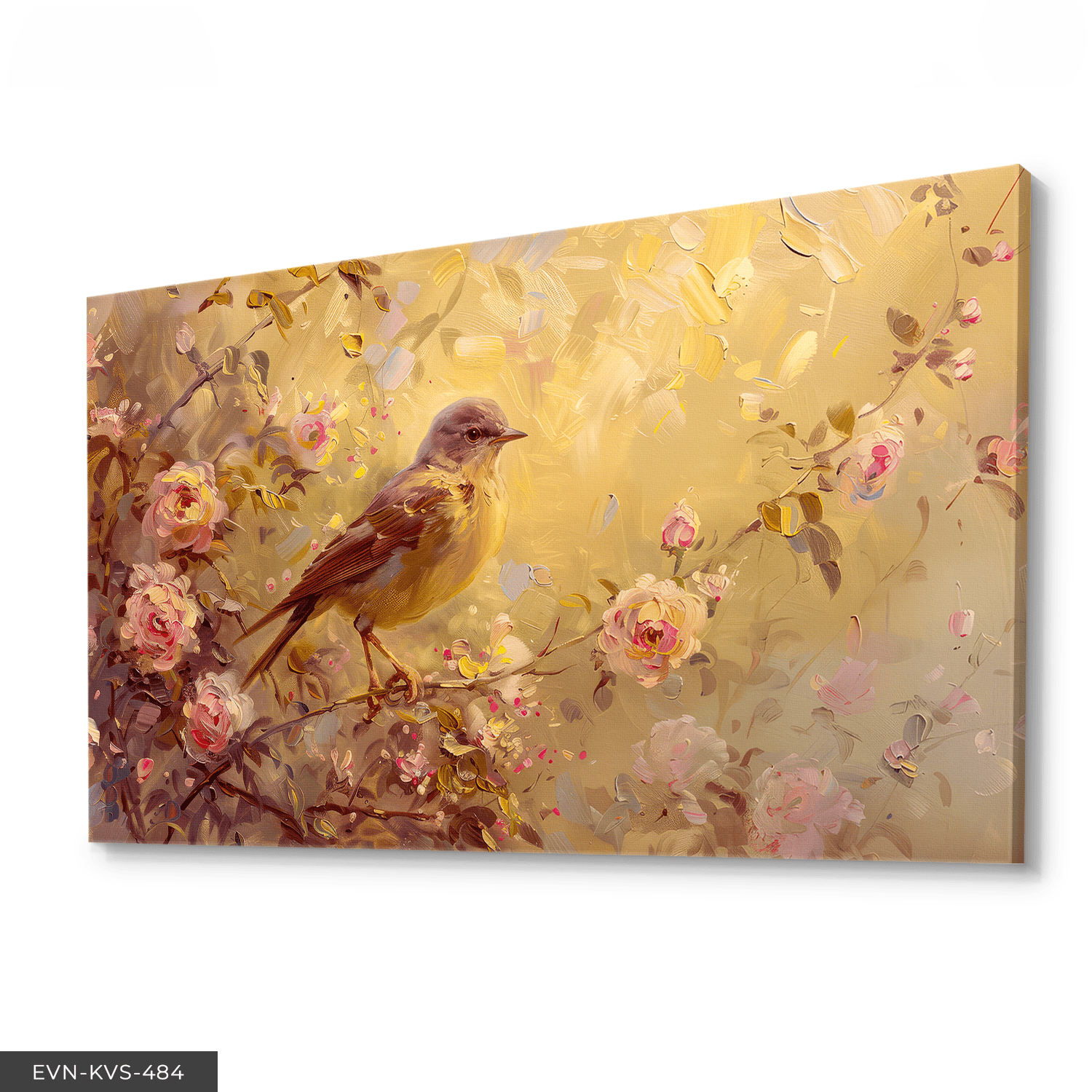 Pembe Çiçekler ve Kuş Tek Parça Kanvas - Canvas Tablo 65 x 45 CM - Çok Renkli