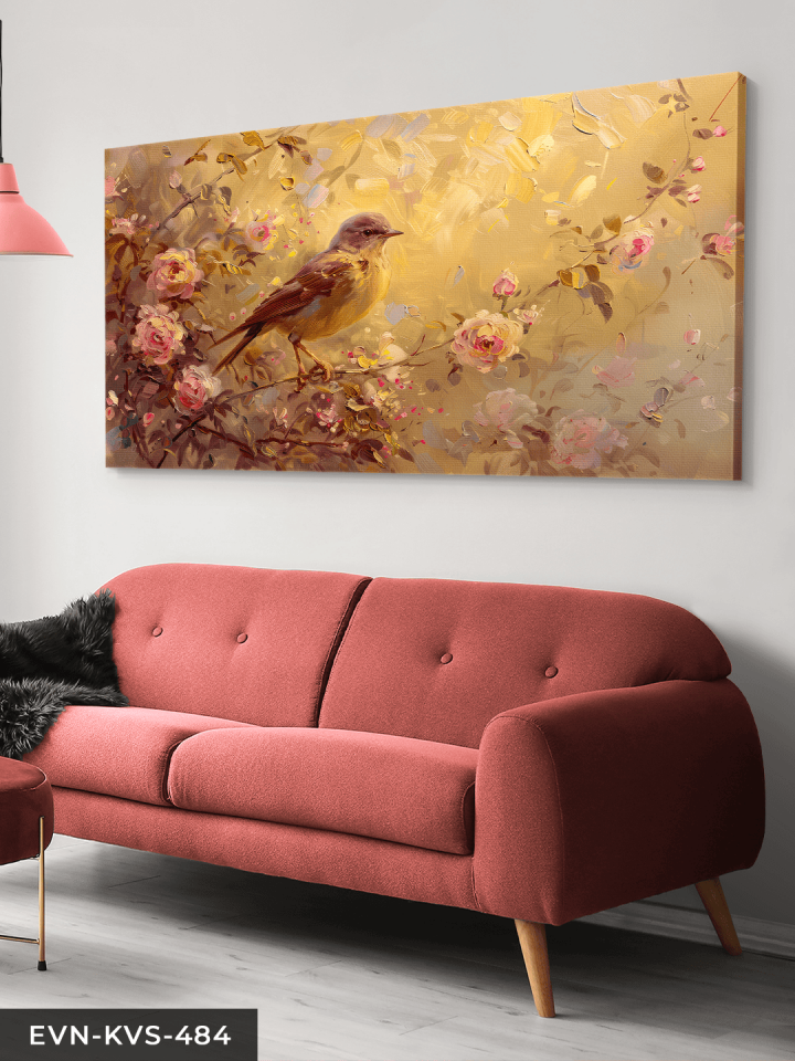 Pembe Çiçekler ve Kuş Tek Parça Kanvas - Canvas Tablo 65 x 45 CM - Çok Renkli