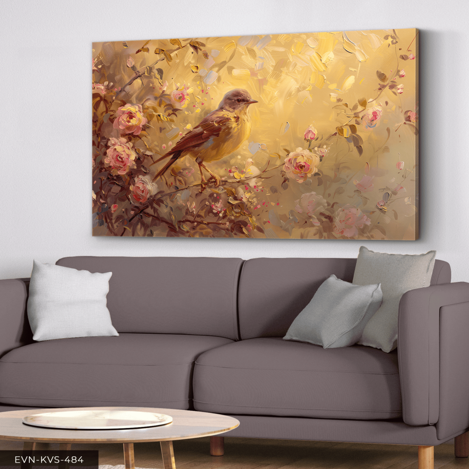 Pembe Çiçekler ve Kuş Tek Parça Kanvas - Canvas Tablo 65 x 45 CM - Çok Renkli