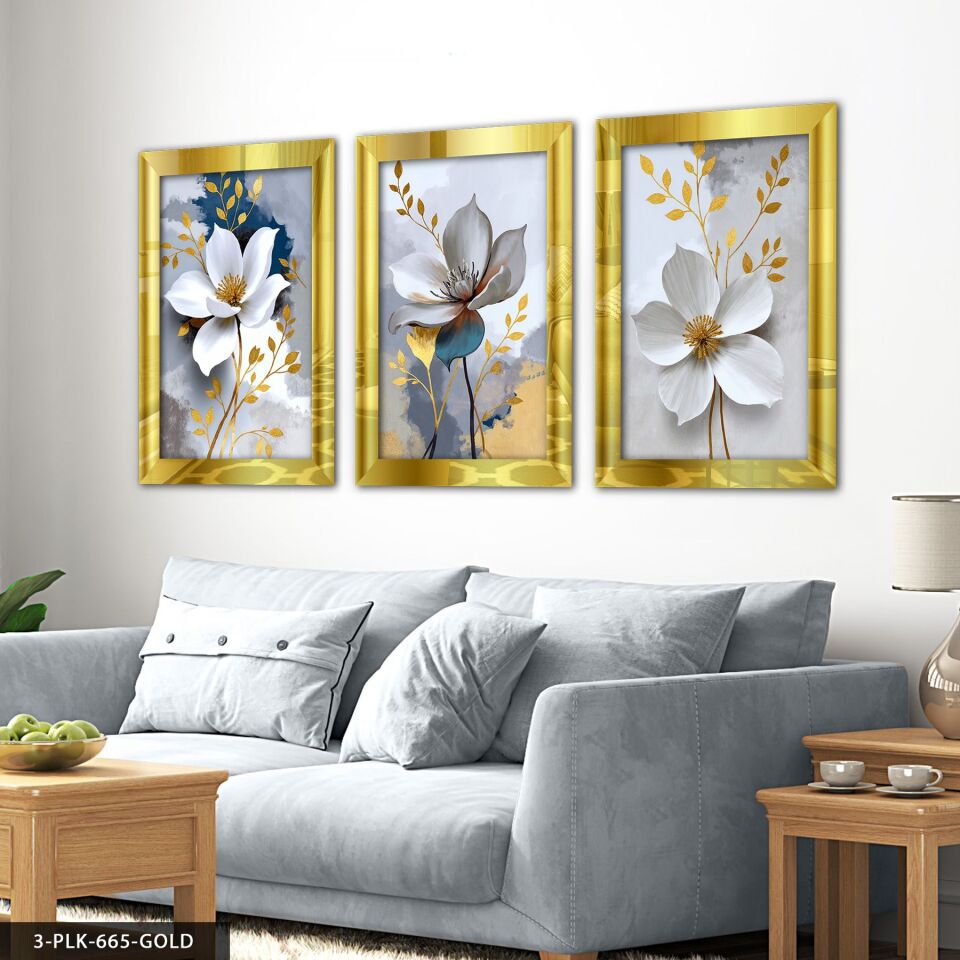 Gold Yapraklı Beyaz Çiçek 3 Parça Pleksi Aynalı Tablo 50 x 70 CM - Gold