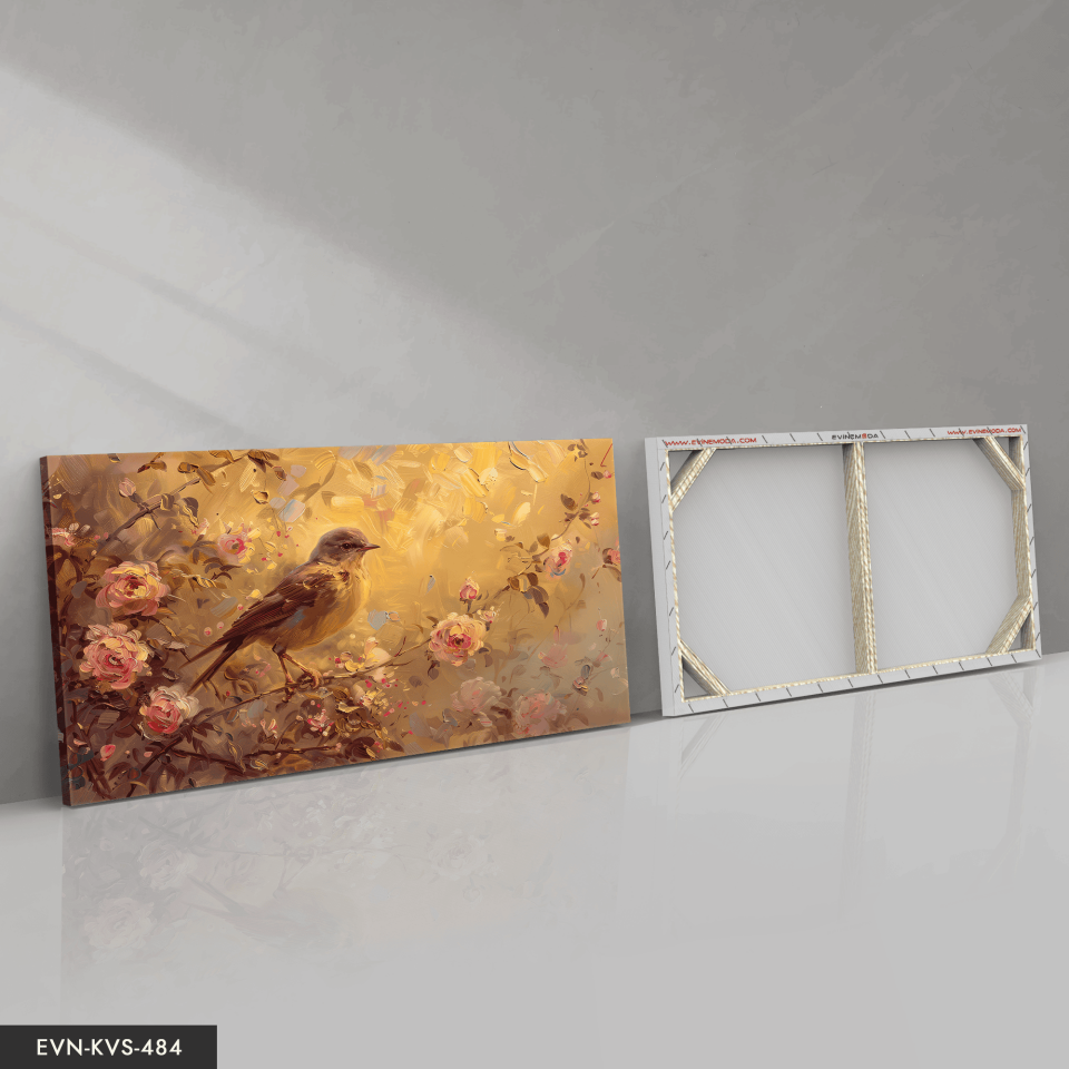 Pembe Çiçekler ve Kuş Tek Parça Kanvas - Canvas Tablo 65 x 45 CM - Çok Renkli