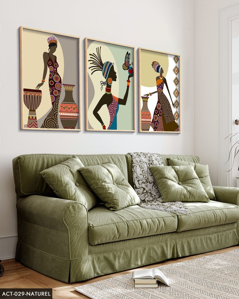 Etnik Afrikalı Kadınlar 3 Parça Ahşap Çerçeveli Tablo ACT Naturel - 20 x 30 CM