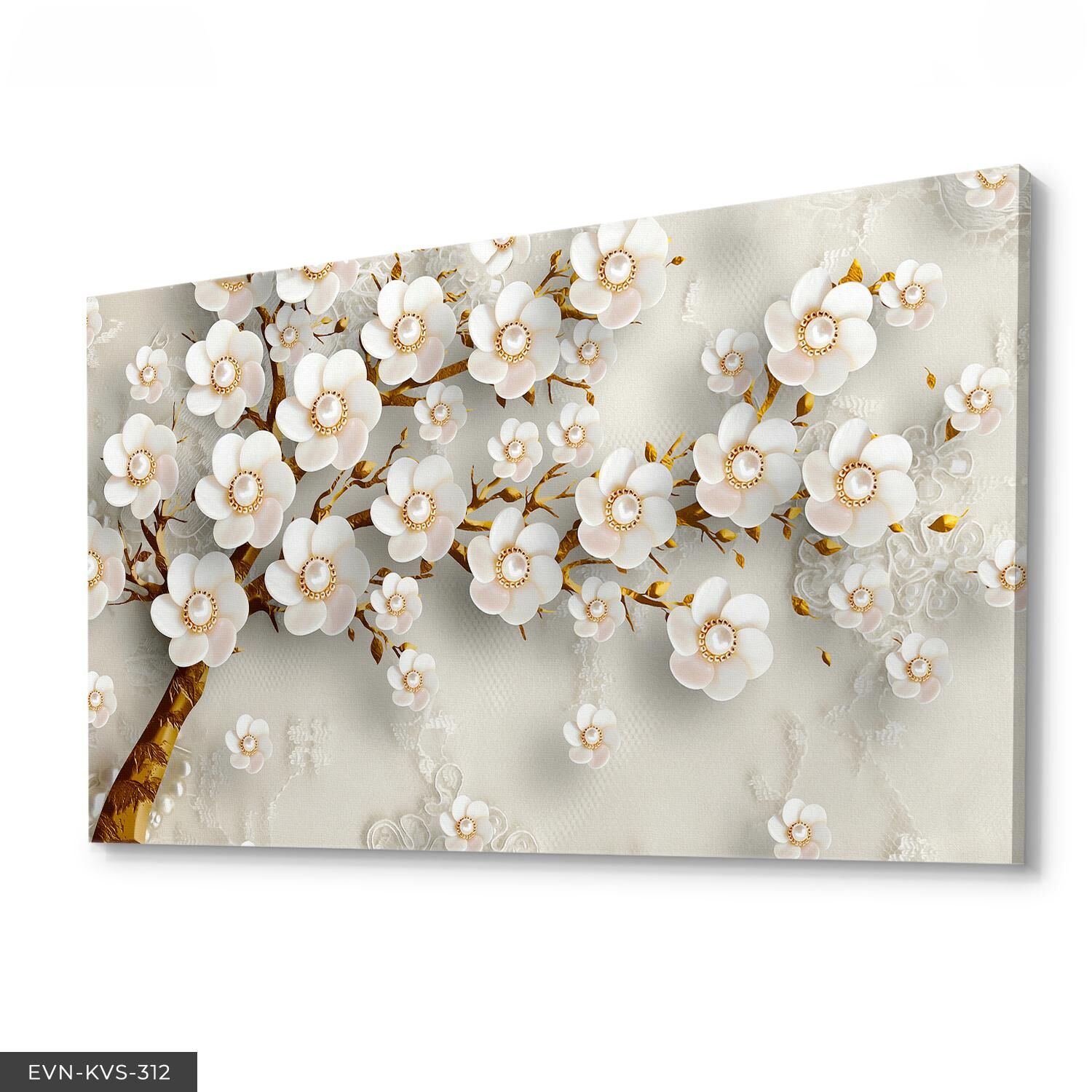 Gold Yapraklı Çiçekli Ağaç Tek Parça Kanvas - Canvas Tablo 40 x 30 CM - Çok Renkli