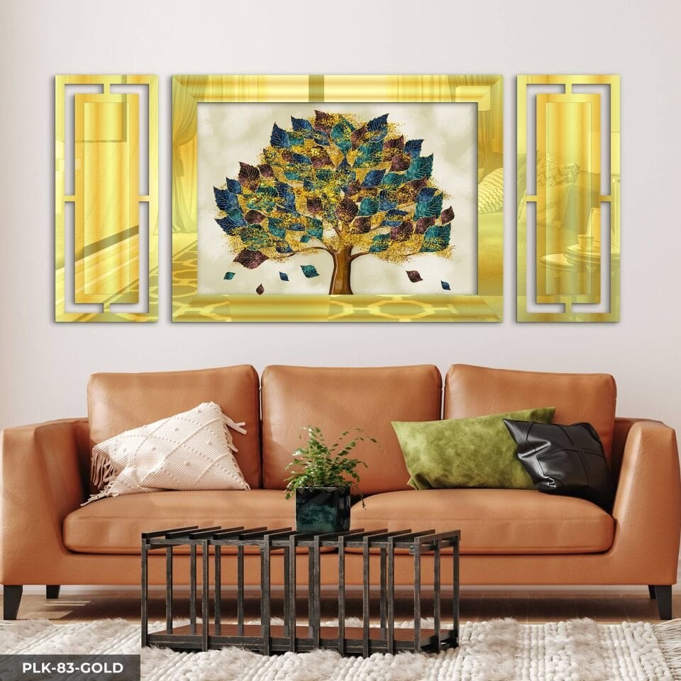 Renkli Yapraklı Ağaç Yan Dekorlu 3 Parça Pleksi Tablo DKRPLK 130 x 25 CM - Gold