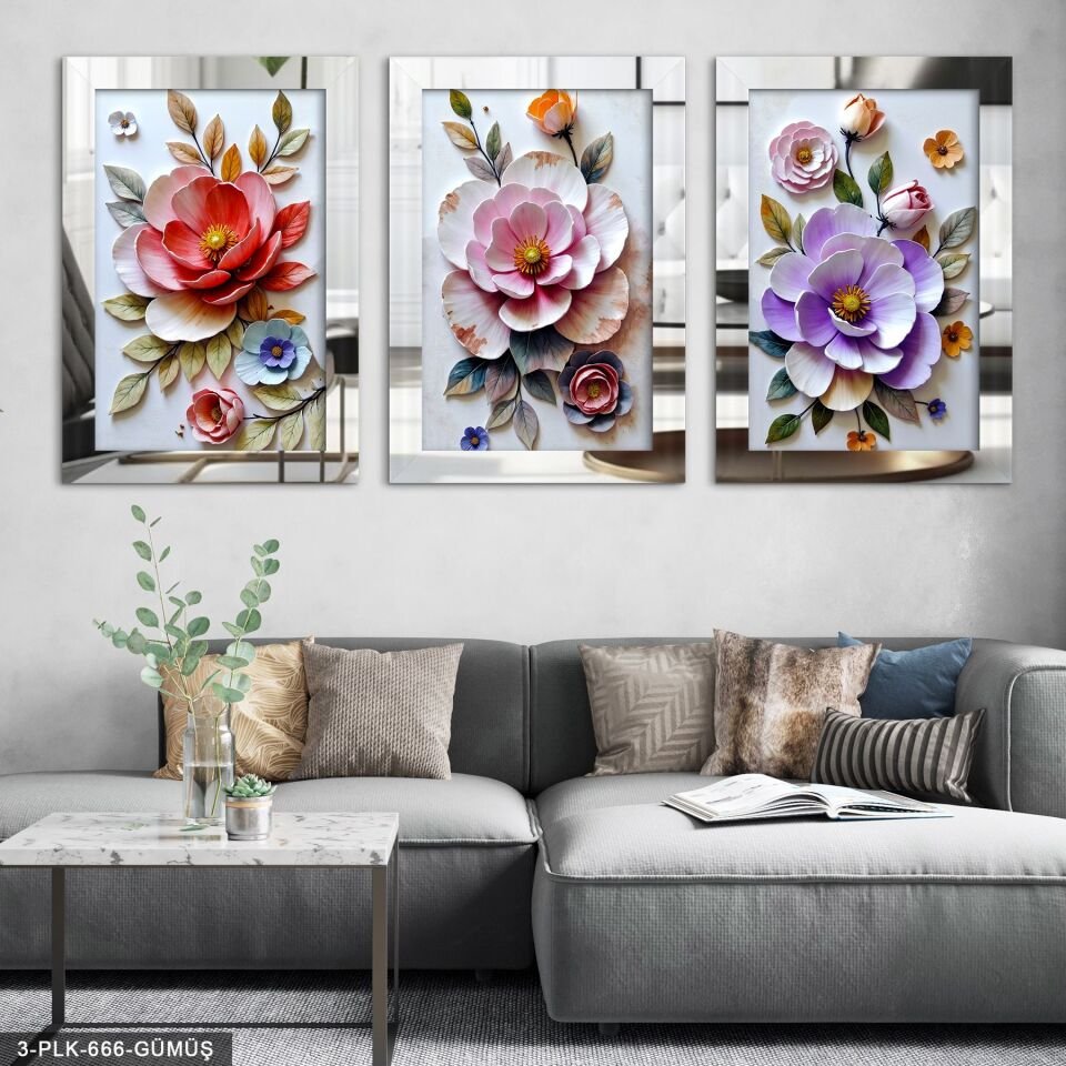 Renkli Çiçekler 3 Parça Pleksi Aynalı Tablo 50 x 70 CM - Gümüş