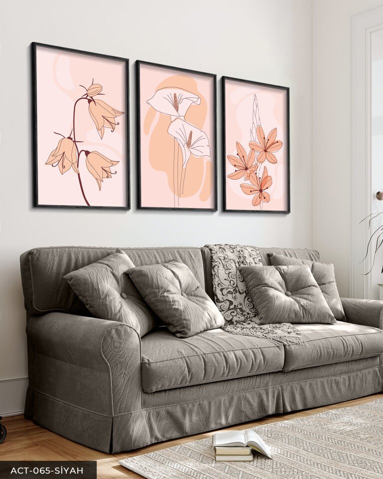 Çiçekler Soyut 3 Parça Ahşap Çerçeveli Tablo Siyah - 30 x 40 CM