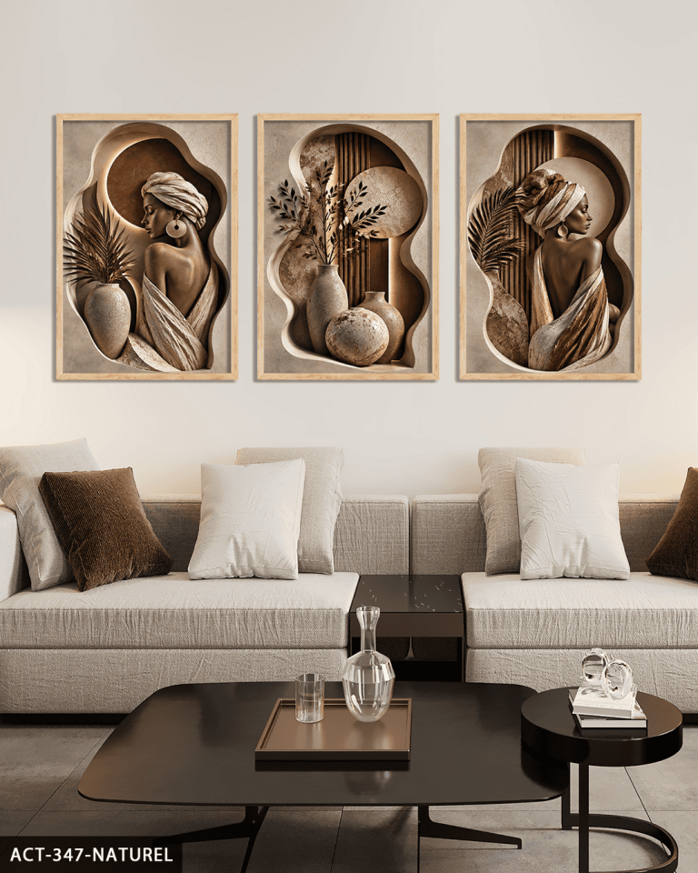 Boho Tarzda Afrikalı Kadın 3 Parça Ahşap Çerçeveli Tablo ACT Naturel - 40 x 60 CM