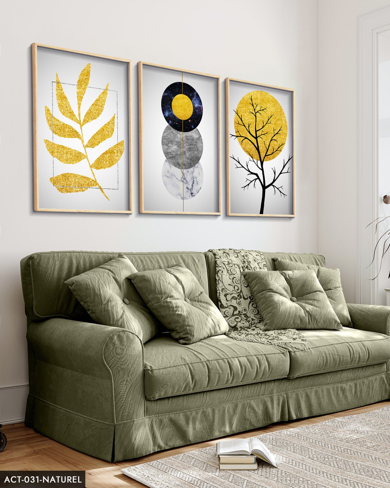 Gold Soyut Desenler 3 Parça Ahşap Çerçeveli Tablo ACT Naturel - 20 x 30 CM