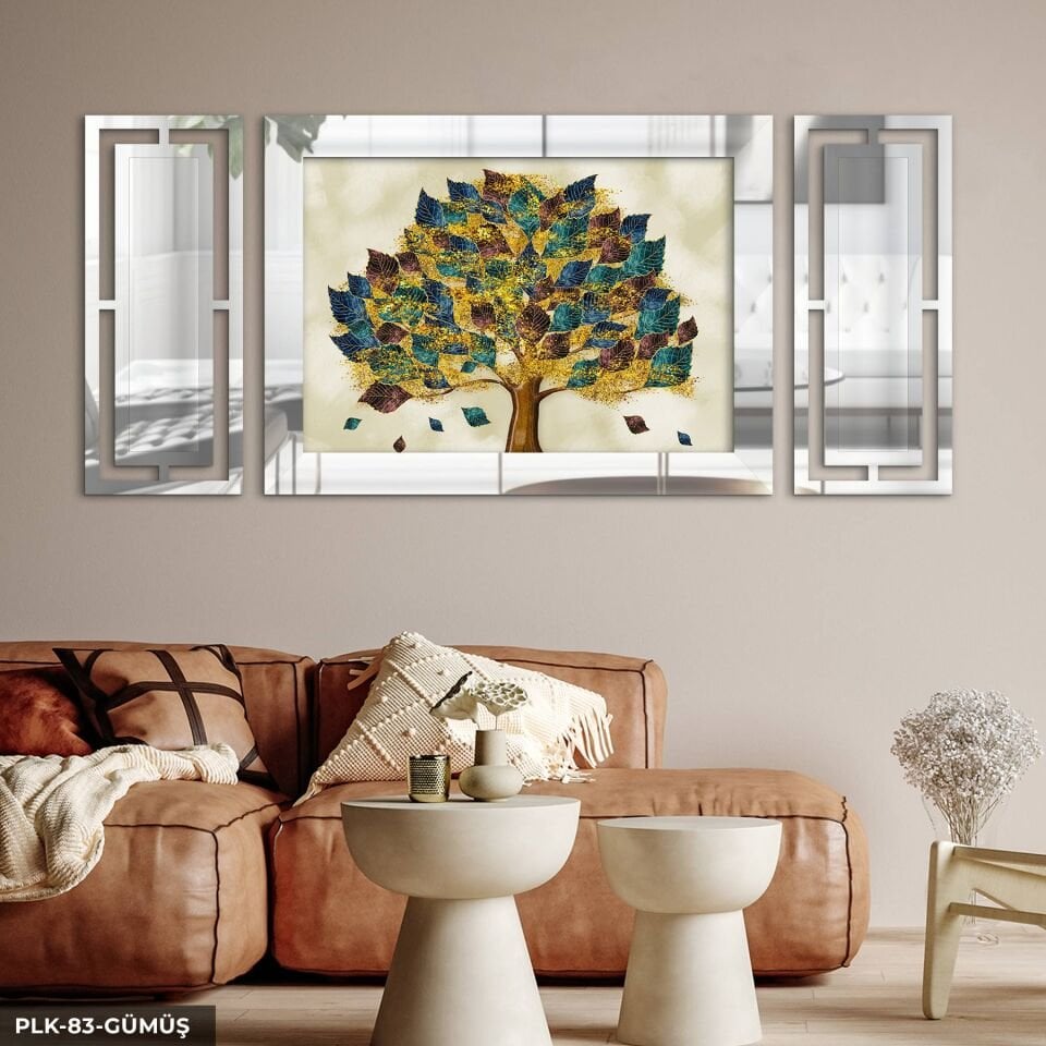 Renkli Yapraklı Ağaç Yan Dekorlu 3 Parça Pleksi Tablo DKRPLK 130 x 25 CM - Gümüş