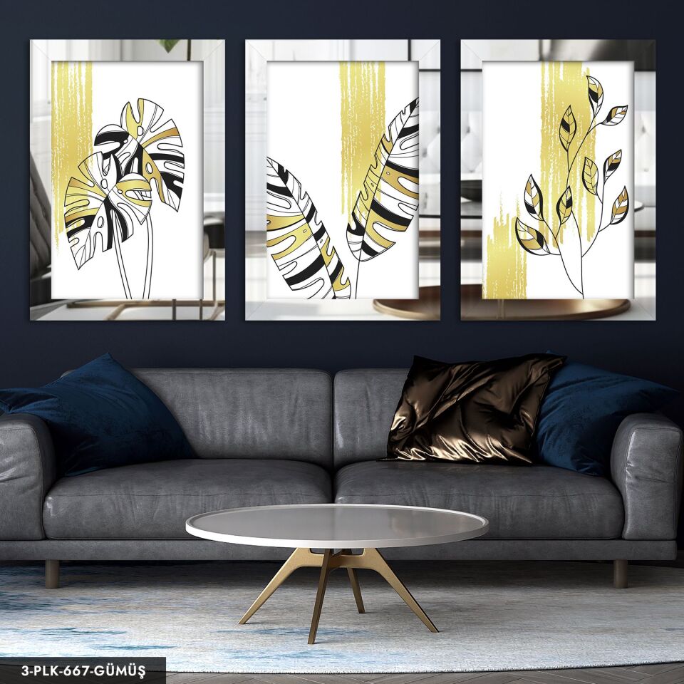 Gold Detaylı Minimalist Yaprak 3 Parça Pleksi Aynalı Tablo 50 x 70 CM - Gümüş