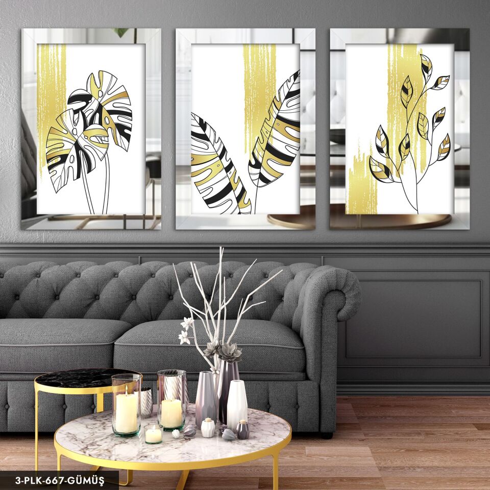 Gold Detaylı Minimalist Yaprak 3 Parça Pleksi Aynalı Tablo 50 x 70 CM - Gümüş