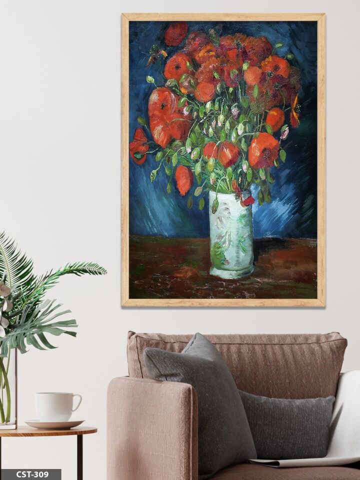 Vincent Van Gogh Vazoda Gelincikler Tek Parça Ahşap Çerçeveli Tablo Naturel - 20 x 30 CM