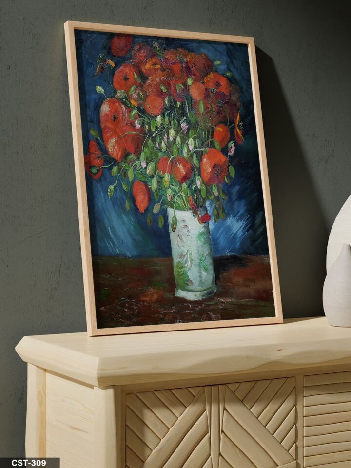 Vincent Van Gogh Vazoda Gelincikler Tek Parça Ahşap Çerçeveli Tablo Naturel - 20 x 30 CM