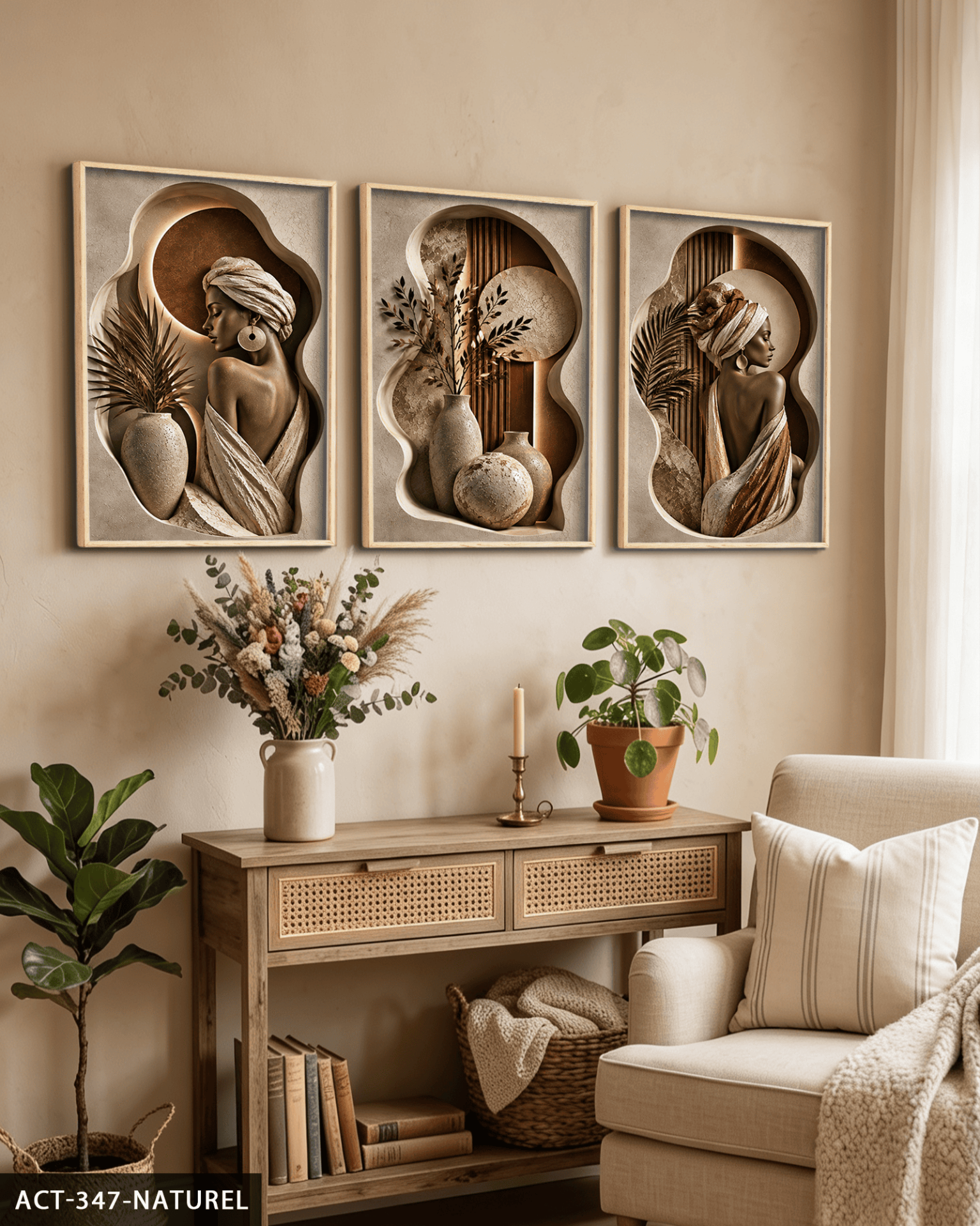 Boho Tarzda Afrikalı Kadın 3 Parça Ahşap Çerçeveli Tablo ACT Naturel - 50 x 70 CM