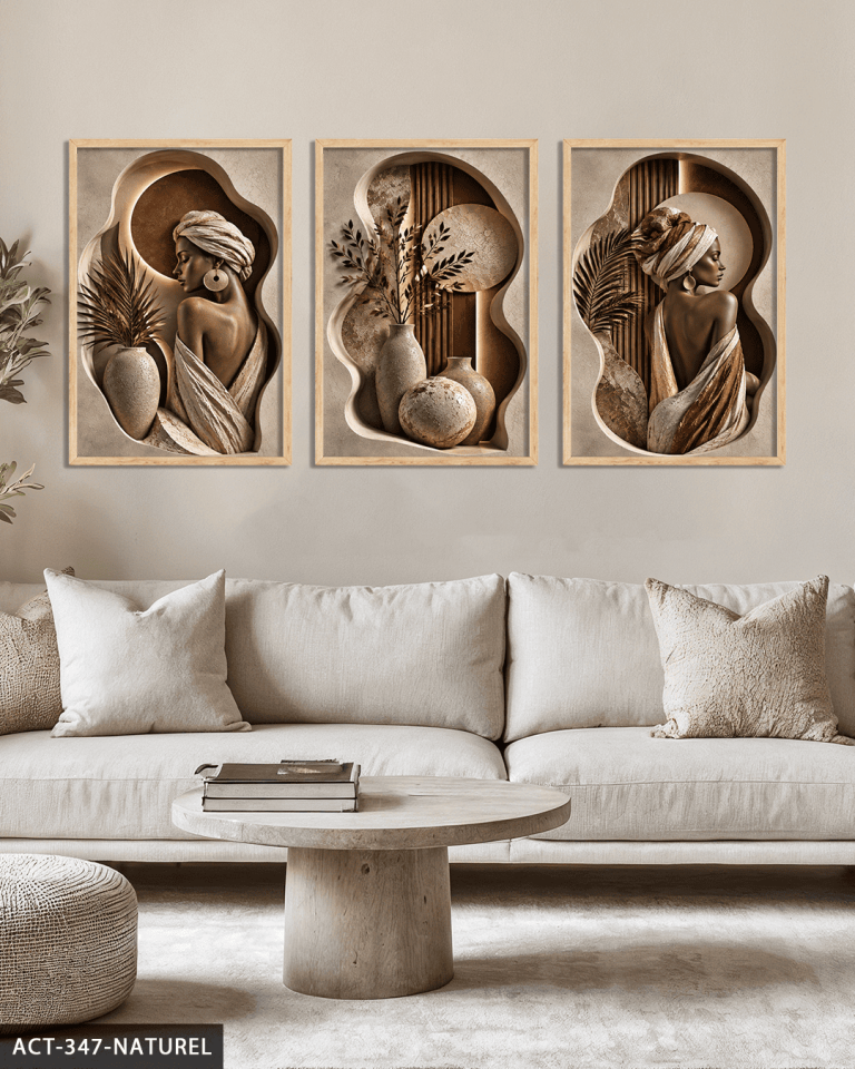 Boho Tarzda Afrikalı Kadın 3 Parça Ahşap Çerçeveli Tablo ACT Naturel - 50 x 70 CM
